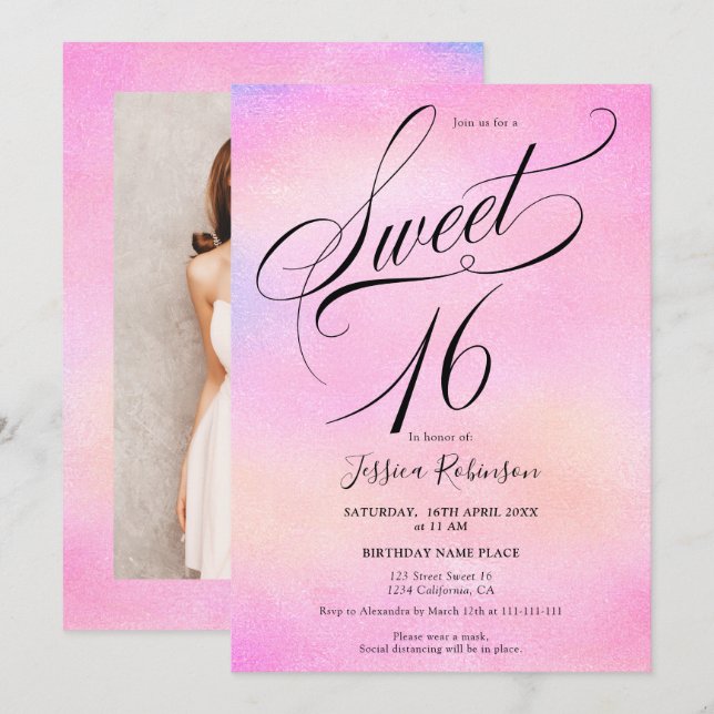 Glam pink rainbow holographic script chic Sweet 16 Invitation (Front/Back)