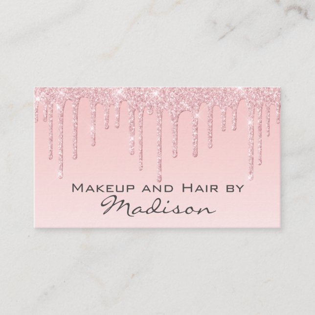 Glam Pink Rose Gold Glitter Drips Makeup Artist Business Card (Front)