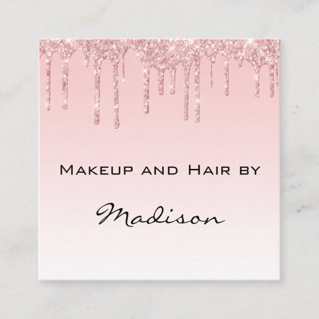 Glam Pink Rose Gold Glitter Drips Makeup Artist Square Business Card (Front)
