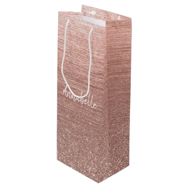 Glam Pink Rose Gold Glitter Sparkle Brushed Metal Wine Gift Bag (Front Angled)