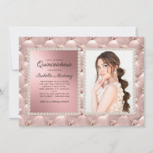 Glam Pink Rose Gold Quinceañera Photo Pearls   Invitation