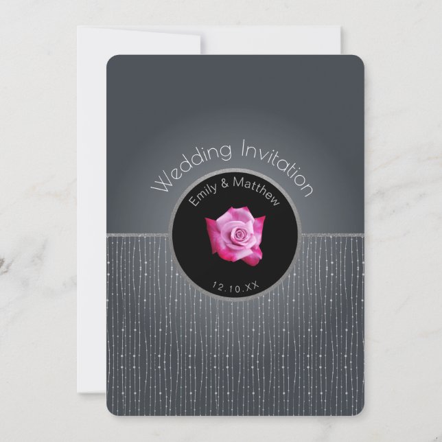 Glam Pink Rose Silver Glow Grey Wedding Invitation (Back)