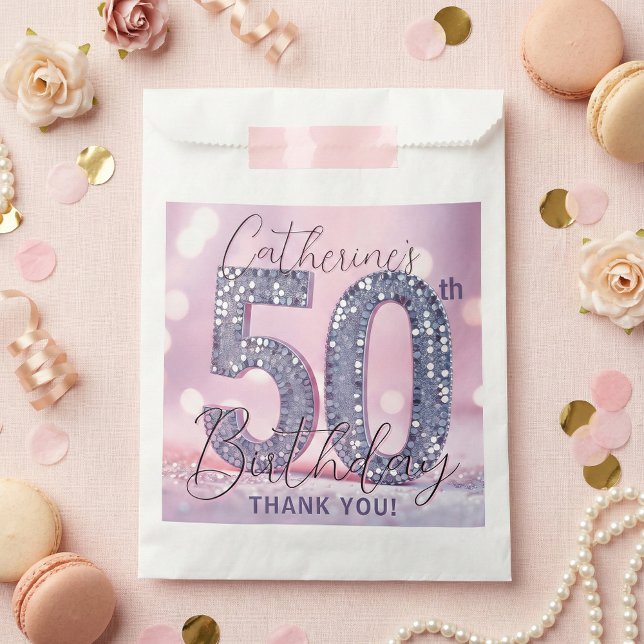 Glam Pink Silver Glitter 50th Birthday Thank You Favour Bags (Creator Uploaded)
