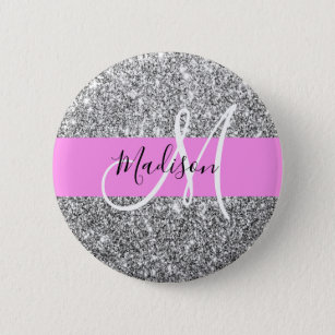 Glam Pink & Silver Glitter Sparkles Monogram Name 6 Cm Round Badge
