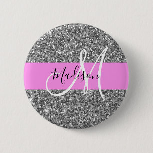 Glam Pink & Silver Glitter Sparkles Monogram Name 6 Cm Round Badge