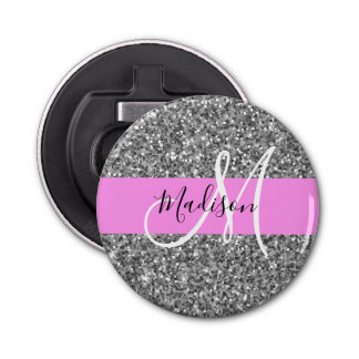 Glam Pink & Silver Glitter Sparkles Monogram Name Bottle Opener