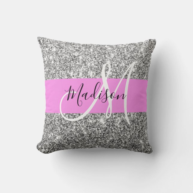 Glam Pink & Silver Glitter Sparkles Monogram Name Cushion (Front)