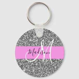 Glam Pink & Silver Glitter Sparkles Monogram Name Key Ring
