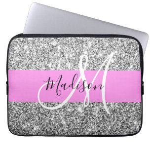 Glam Pink & Silver Glitter Sparkles Monogram Name Laptop Sleeve