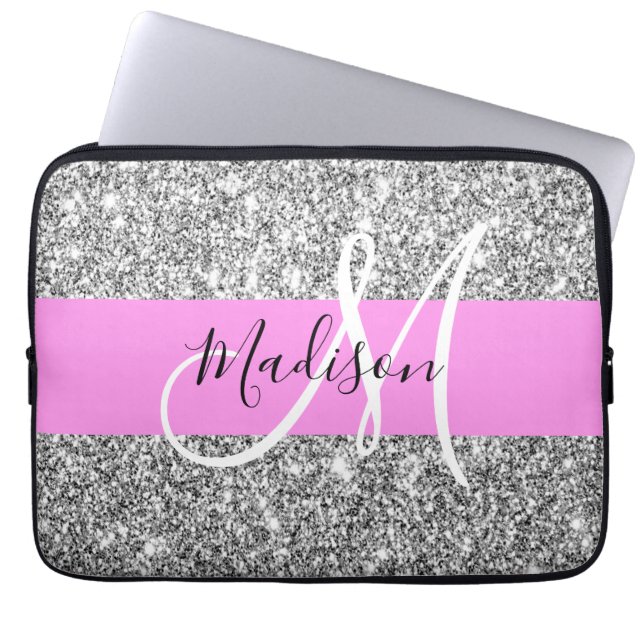 Glam Pink & Silver Glitter Sparkles Monogram Name Laptop Sleeve (Front)