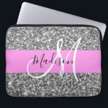 Glam Pink & Silver Glitter Sparkles Monogram Name Laptop Sleeve<br><div class="desc">Glam and girly pink and grey/ silver glitter sparkles white monogram name and initial laptop sleeve. Your custom name and monogram are written in an elegant hand lettered script with a pink background. You can change the text colour and font style and size using the customise option. A perfect birthday...</div>