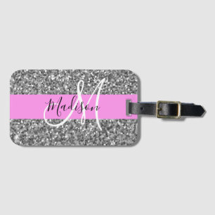 Glam Pink & Silver Glitter Sparkles Monogram Name Luggage Tag