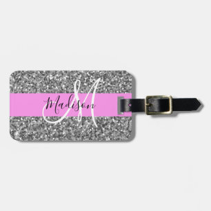 Glam Pink & Silver Glitter Sparkles Monogram Name Luggage Tag