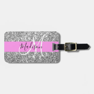 Glam Pink & Silver Glitter Sparkles Monogram Name Luggage Tag
