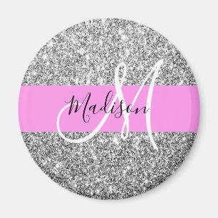 Glam Pink & Silver Glitter Sparkles Monogram Name Magnet