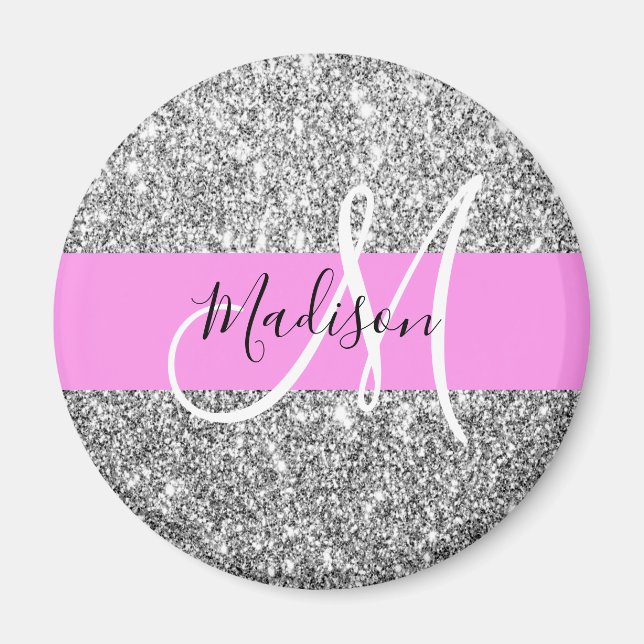 Glam Pink & Silver Glitter Sparkles Monogram Name Magnet (Front)