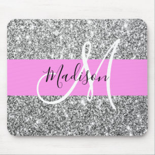 Glam Pink & Silver Glitter Sparkles Monogram Name Mouse Mat