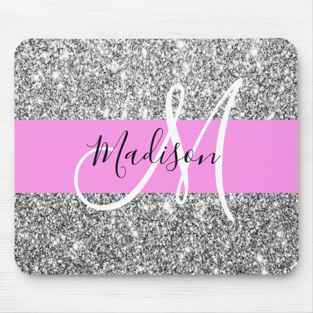 Glam Pink & Silver Glitter Sparkles Monogram Name Mouse Mat (Front)