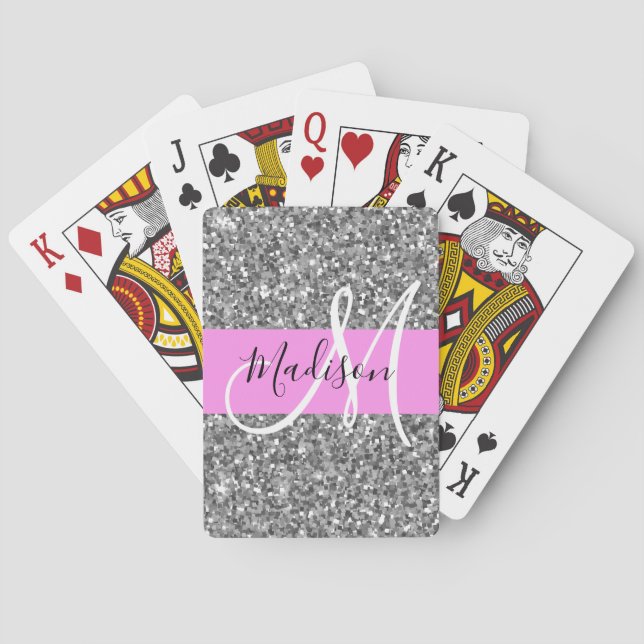 Glam Pink & Silver Glitter Sparkles Monogram Name Playing Cards (Back)