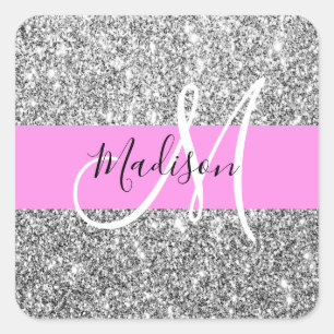 Glam Pink & Silver Glitter Sparkles Monogram Name Square Sticker