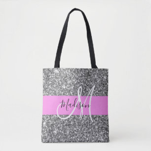 Glam Pink & Silver Glitter Sparkles Monogram Name Tote Bag