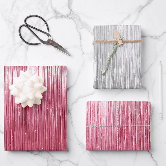 Glam Pink Silver Sparkle Stripes Wrapping Paper Sheet (Front)