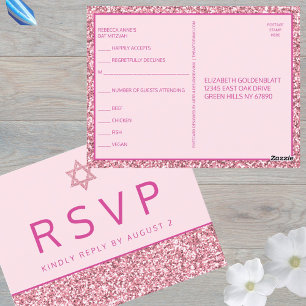Glam Pink Simple Modern Bat Mitzvah RSVP Postcard