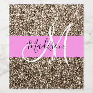 Glam Pink Sparkling Wine Gold Glitter Sparkle Mono Wine Label