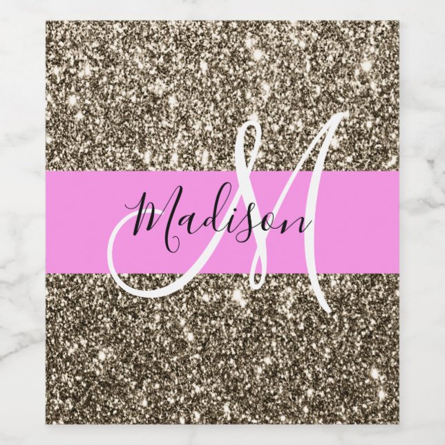 Glam Pink Sparkling Wine Gold Glitter Sparkle Mono Wine Label (Single Label)