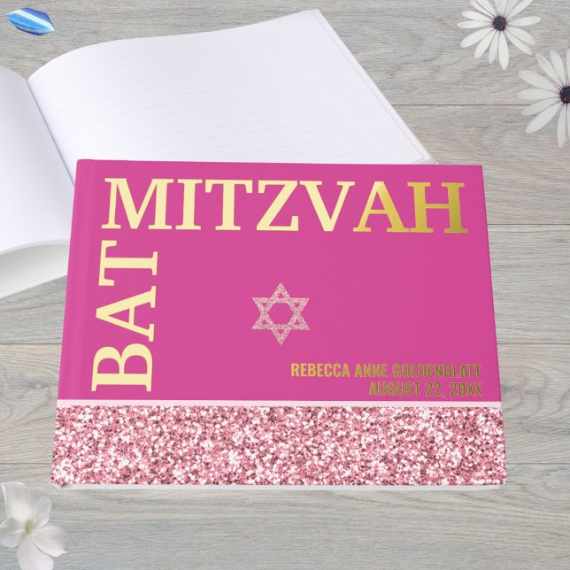 Glam Pink Star Of David Bat Mitzvah Gold Guest Book (Bold typography BAT MITZVAH design printed in real gold foil)
