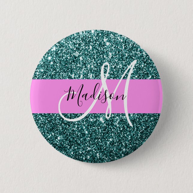Glam Pink Teal Green Glitter Sparkle Name Monogram 6 Cm Round Badge (Front)