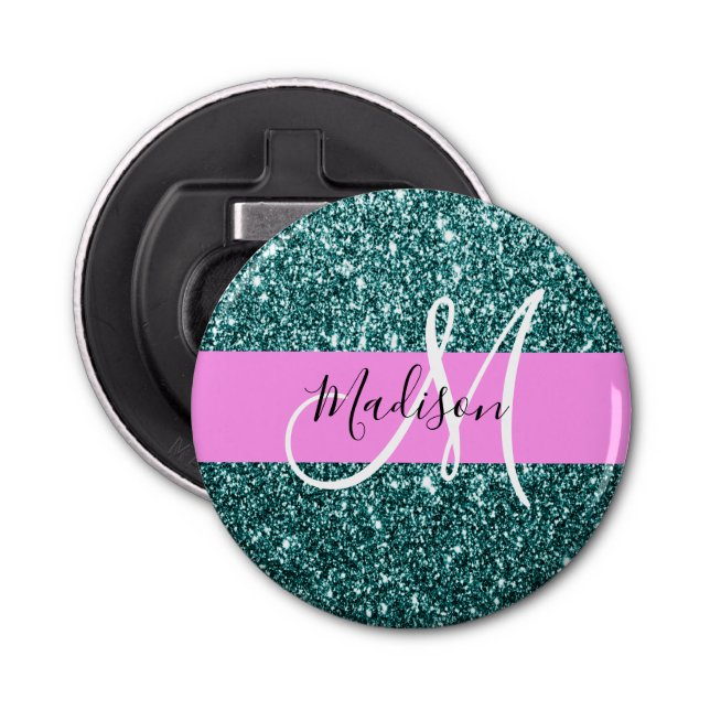 Glam Pink Teal Green Glitter Sparkle Name Monogram Bottle Opener (Front)