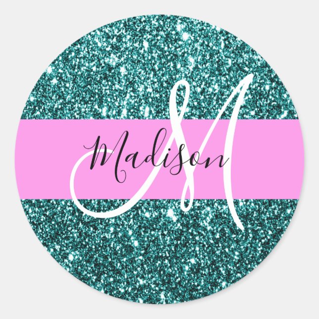 Glam Pink Teal Green Glitter Sparkle Name Monogram Classic Round Sticker (Front)