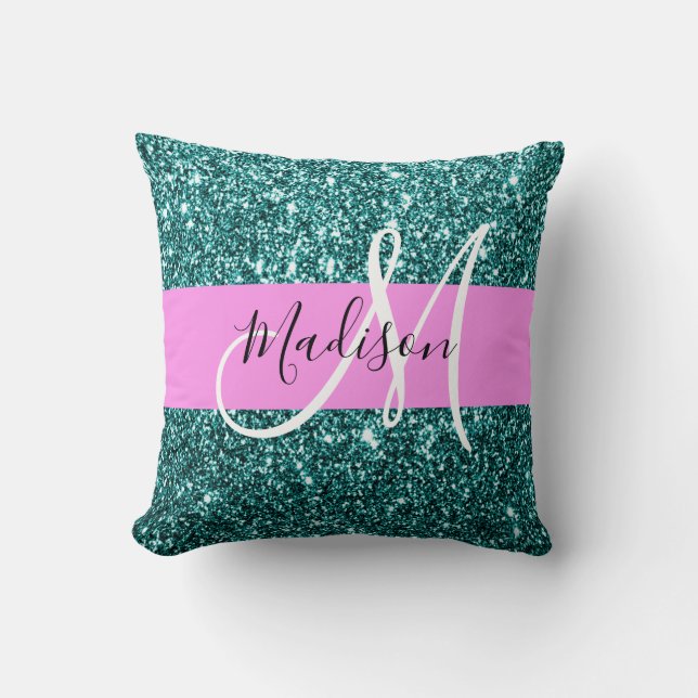Glam Pink Teal Green Glitter Sparkle Name Monogram Cushion (Front)