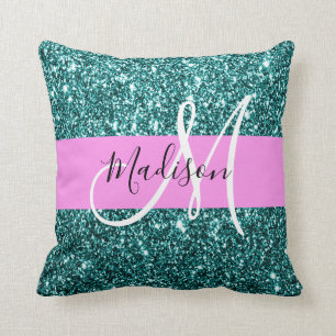 Glam Pink Teal Green Glitter Sparkle Name Monogram Cushion