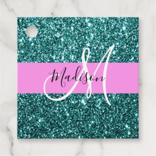 Glam Pink Teal Green Glitter Sparkle Name Monogram Favour Tags