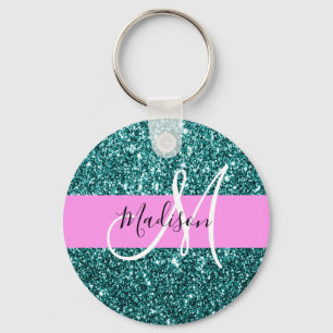 Glam Pink Teal Green Glitter Sparkle Name Monogram Key Ring