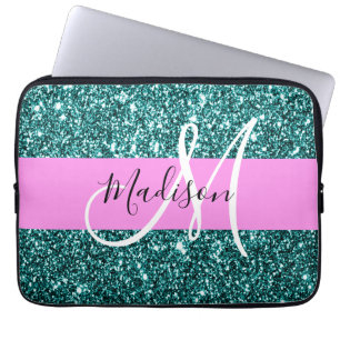 Glam Pink Teal Green Glitter Sparkle Name Monogram Laptop Sleeve
