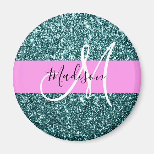 Glam Pink Teal Green Glitter Sparkle Name Monogram Magnet (Front)
