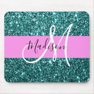 Glam Pink Teal Green Glitter Sparkle Name Monogram Mouse Mat
