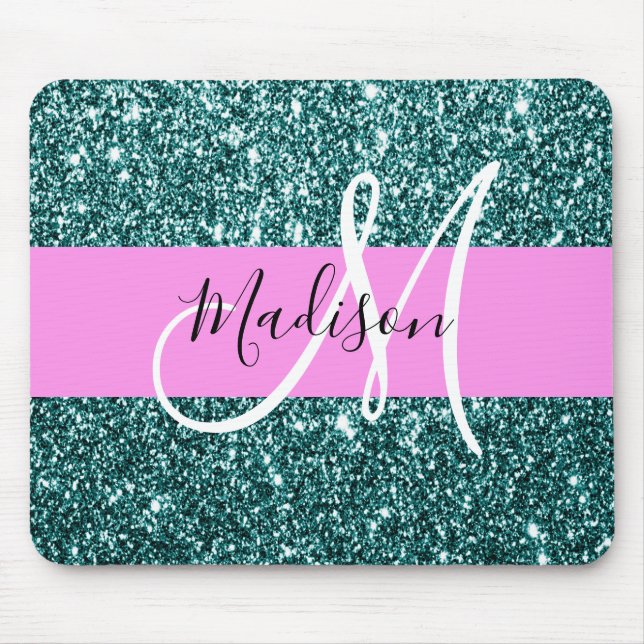 Glam Pink Teal Green Glitter Sparkle Name Monogram Mouse Mat (Front)