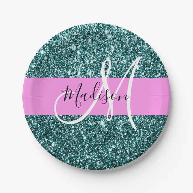 Glam Pink Teal Green Glitter Sparkle Name Monogram Paper Plate (Front)
