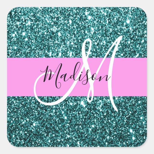 Glam Pink Teal Green Glitter Sparkle Name Monogram Square Sticker (Front)