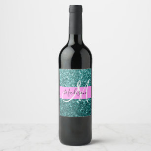 Glam Pink Teal Green Glitter Sparkle Name Monogram Wine Label