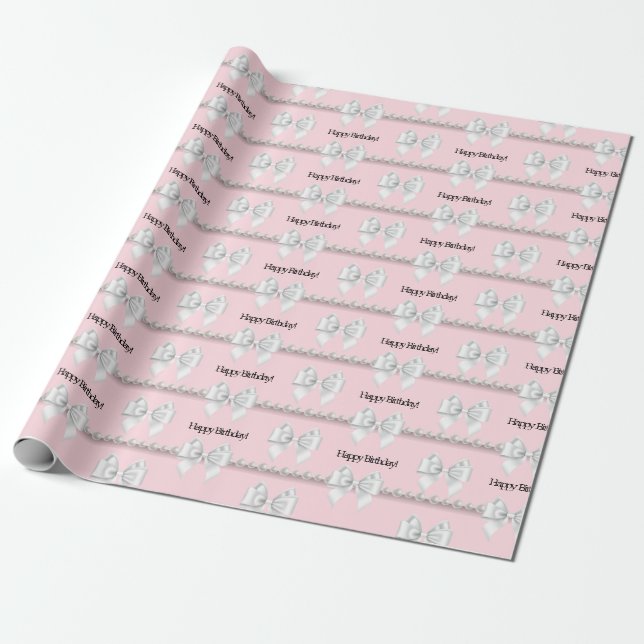 Glam Pink Tiffany Theme Bougie White Bow Pearls Wrapping Paper (Unrolled)