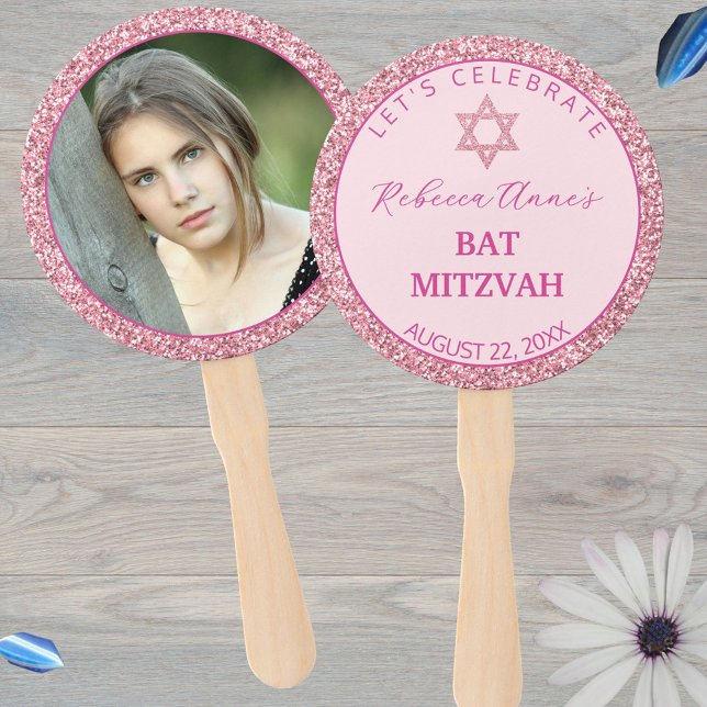 Glam Pink Trendy Girl Photo Bat Mitzvah Party Hand Fan (These personalized photo hand fans make unique Bat Mitzvah party favors)