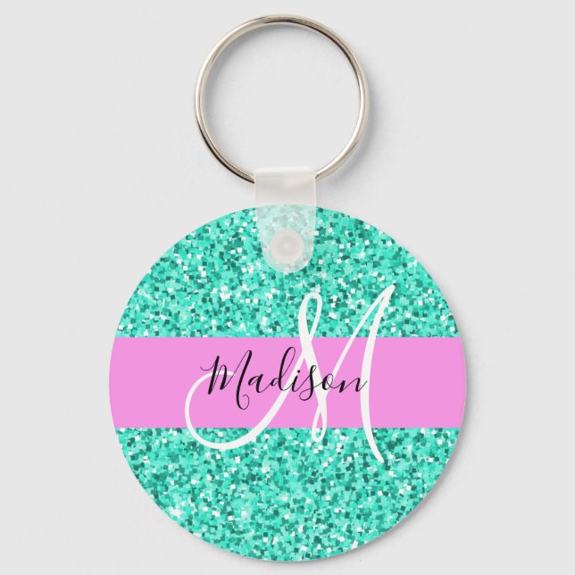Glam Pink Turquoise Glitter Sparkles Monogram Name Key Ring (Front)