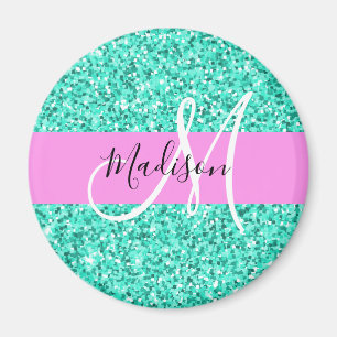 Glam Pink Turquoise Glitter Sparkles Monogram Name Magnet