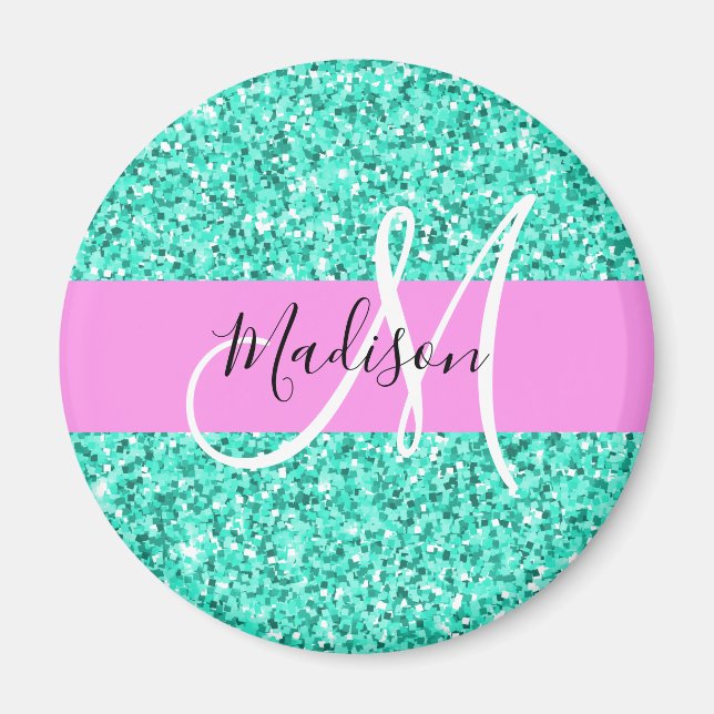 Glam Pink Turquoise Glitter Sparkles Monogram Name Magnet (Front)
