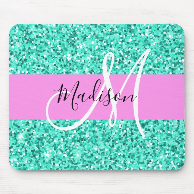 Glam Pink Turquoise Glitter Sparkles Monogram Name Mouse Mat (Front)